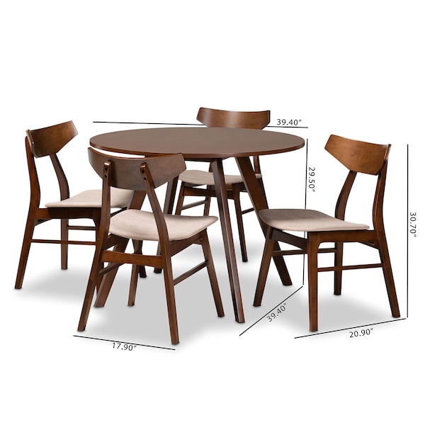 Baxton Studio Timothy Light Beige Upholstered and Walnut Wood 5-Piece Dining Set - 167-10811-10808
