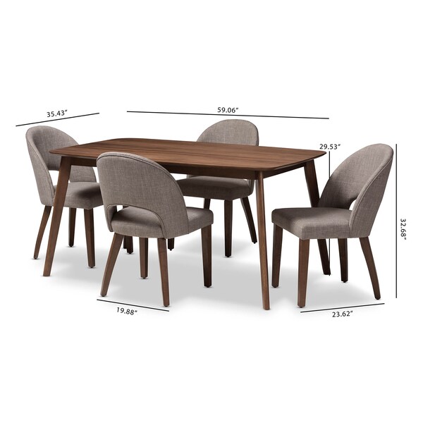 Baxton Studio Wesley Light Grey Upholstered Walnut Finished Wood 5-Piece Dining Set - 144-7945-7946