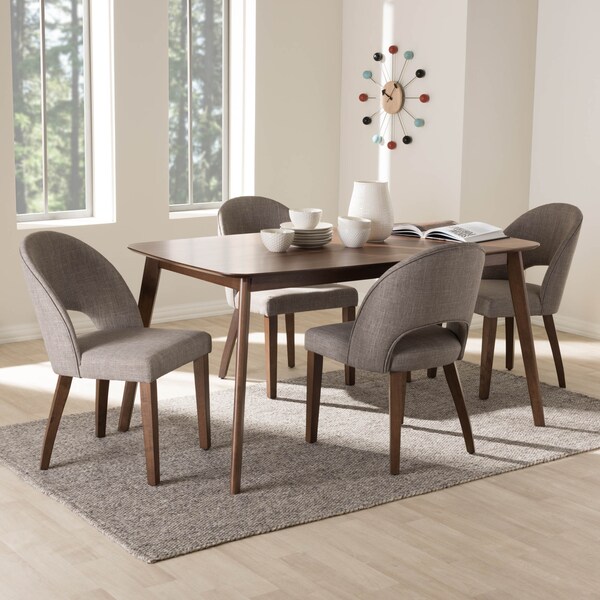 Baxton Studio Wesley Light Grey Upholstered Walnut Finished Wood 5-Piece Dining Set - 144-7945-7946
