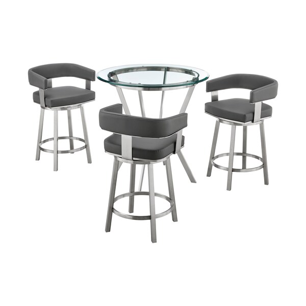Armen Living Naomi and Lorin 4-Piece Counter Height Dining Set in Brushed Stainless Steel and Gray Faux Leather - SETNMLRGRBS4