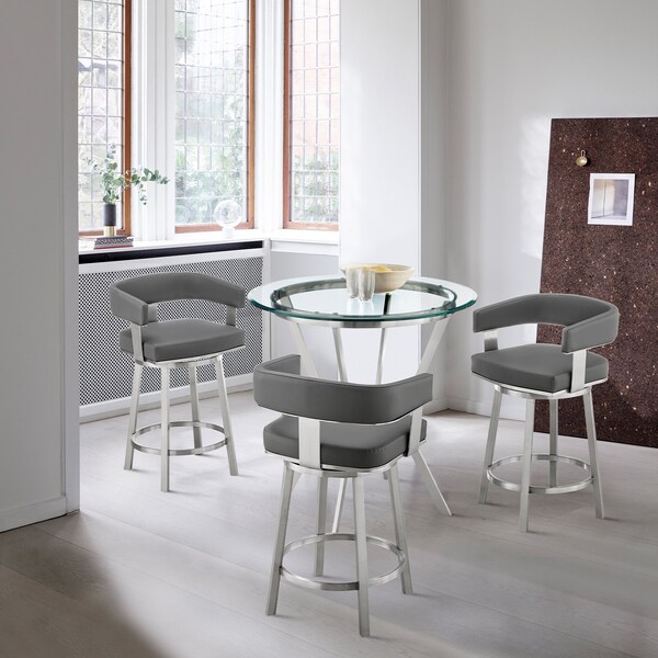 Armen Living Naomi and Lorin 4-Piece Counter Height Dining Set in Brushed Stainless Steel and Gray Faux Leather - SETNMLRGRBS4