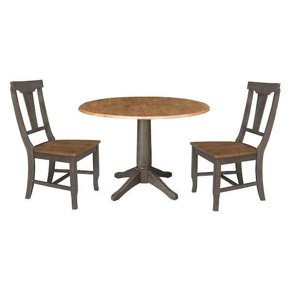 International Concepts Round Round 42 in. Dual Drop Leaf Dining Table with 2 Panel Back Chairs in Hickory/Washed Coal - K45-42DPT-27B-C110-2