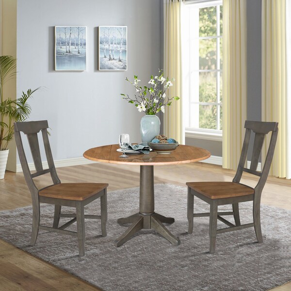 International Concepts Round Round 42 in. Dual Drop Leaf Dining Table with 2 Panel Back Chairs in Hickory/Washed Coal - K45-42DPT-27B-C110-2