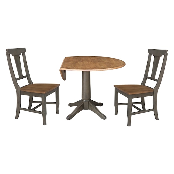 International Concepts Round Round 42 in. Dual Drop Leaf Dining Table with 2 Panel Back Chairs in Hickory/Washed Coal - K45-42DPT-27B-C110-2