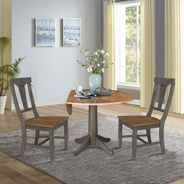 International Concepts Round Round 42 in. Dual Drop Leaf Dining Table with 2 Panel Back Chairs in Hickory/Washed Coal - K45-42DPT-27B-C110-2