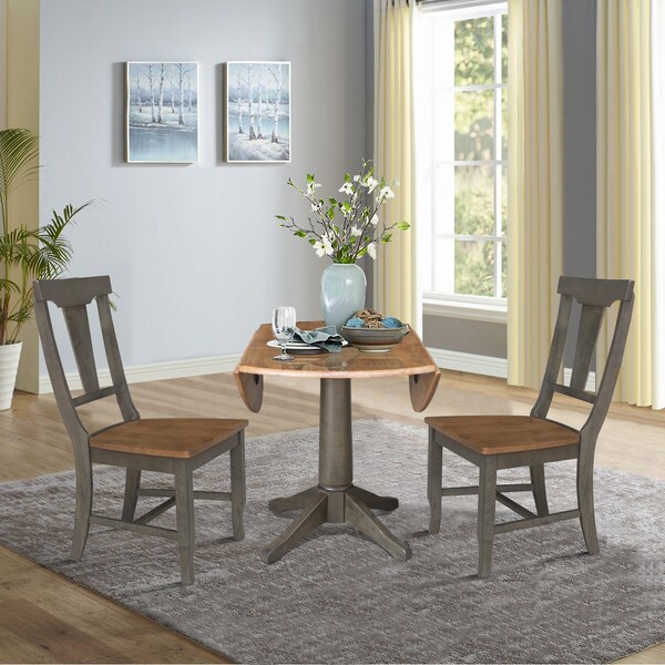 International Concepts Round Round 42 in. Dual Drop Leaf Dining Table with 2 Panel Back Chairs in Hickory/Washed Coal - K45-42DPT-27B-C110-2