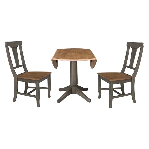 International Concepts Round Round 42 in. Dual Drop Leaf Dining Table with 2 Panel Back Chairs in Hickory/Washed Coal - K45-42DPT-27B-C110-2