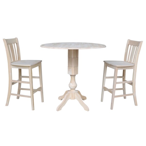 International Concepts Round 42 in Rd Ped Bar Ht Table, 2 Bar Ht Stools, Unfinished, Ready to Finish, 42 in W, 42 in L, Wood - K-42DPT-11-S103-2