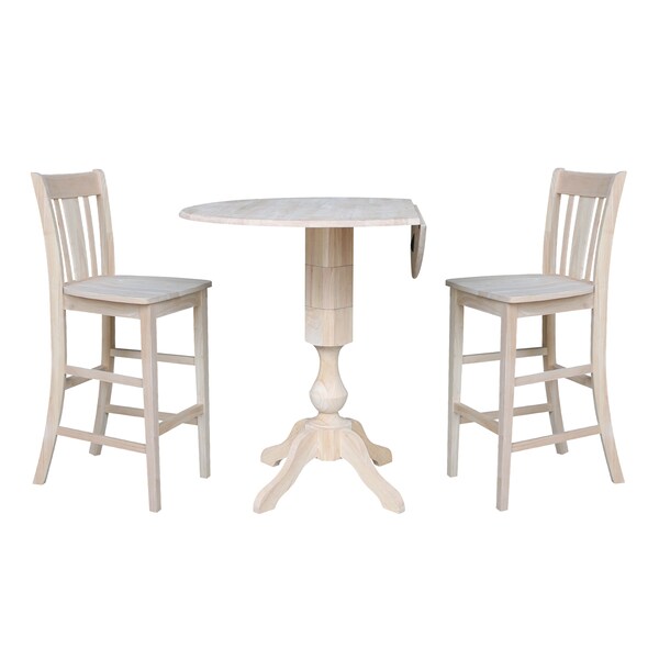 International Concepts Round 42 in Rd Ped Bar Ht Table, 2 Bar Ht Stools, Unfinished, Ready to Finish, 42 in W, 42 in L, Wood - K-42DPT-11-S103-2