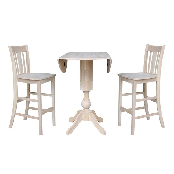 International Concepts Round 42 in Rd Ped Bar Ht Table, 2 Bar Ht Stools, Unfinished, Ready to Finish, 42 in W, 42 in L, Wood - K-42DPT-11-S103-2