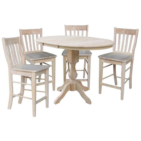 International Concepts Round 36 in Rd Extend Dining Table 34.9 inH, 4 Cafe Counter Ht Stools, Unfinished, 36 in W, 48 in L - K-36RXT-11P-S6162-4