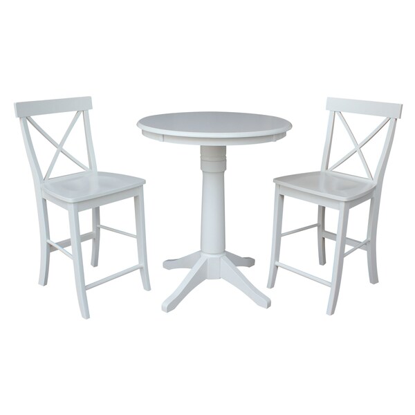 International Concepts Round 30 in Rd Pedestal Gathering Ht Table, 2 X-Back Counter Ht Stools, White, 30 in W, 30 in L, Wood - K08-30RT-27B-S6132