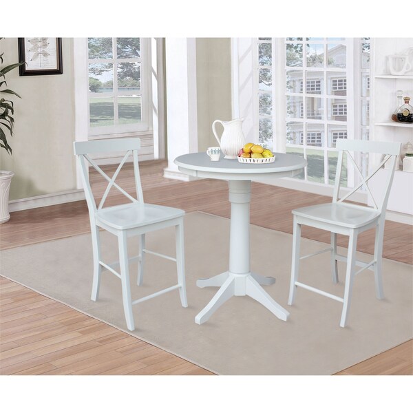 International Concepts Round 30 in Rd Pedestal Gathering Ht Table, 2 X-Back Counter Ht Stools, White, 30 in W, 30 in L, Wood - K08-30RT-27B-S6132