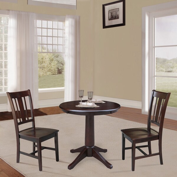 International Concepts Round 30 in Round Top Pedestal Table, with 2 San Remo Chairs, Rich Mocha, 30 in W, 30 in L, Wood - K15-30RT-27B-C10-2