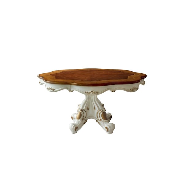 Homeroots 62 x 62 x 31 in. Antique Pearl Cherry Oak Wood Poly-Resin Dining Table with Single Pedestal - 347324
