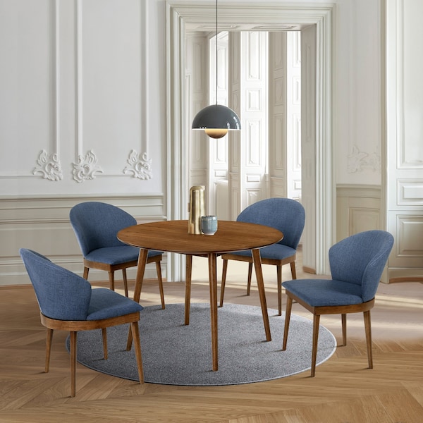 Armen Living Arcadia and Juno 42" Round Blue and Walnut Wood 5 Piece Dining Set - SETARDI5JNWABLU42