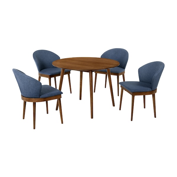 Armen Living Arcadia and Juno 42" Round Blue and Walnut Wood 5 Piece Dining Set - SETARDI5JNWABLU42