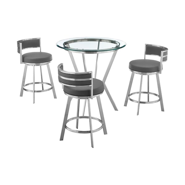 Armen Living Naomi and Roman 4-Piece Counter Height Dining Set in Brushed Stainless Steel and Gray Faux Leather - SETNMRMGRBS4