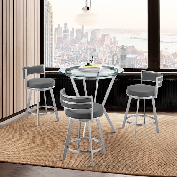 Armen Living Naomi and Roman 4-Piece Counter Height Dining Set in Brushed Stainless Steel and Gray Faux Leather - SETNMRMGRBS4