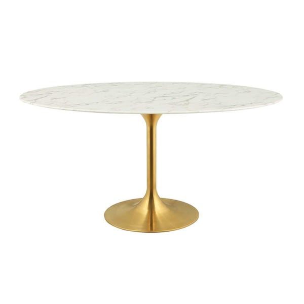 Modway Furniture 60 in. Lippa Artificial Marble Dining Table, Gold White - Oval - EEI-3236-GLD-WHI