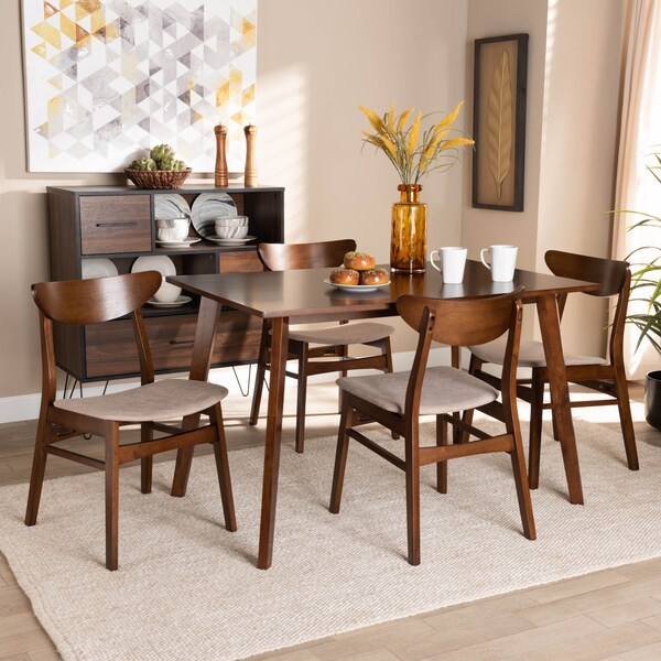 Baxton Studio Orion Light Beige Upholstered and Walnut Wood 5-Piece Dining Set - 167-10809-10807