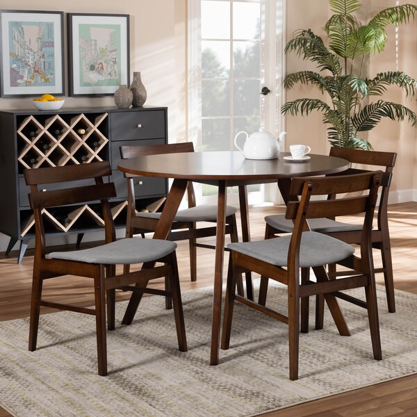 Baxton Studio Eiko Light Grey Upholstered and Walnut Wood 5-Piece Dining Set - 168-10816-10808