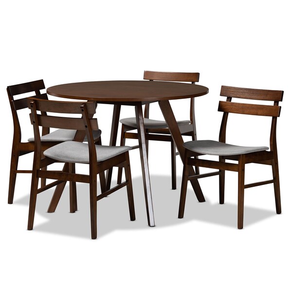 Baxton Studio Eiko Light Grey Upholstered and Walnut Wood 5-Piece Dining Set - 168-10816-10808
