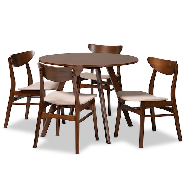 Baxton Studio Philip Light Beige Upholstered and Walnut Wood 5-Piece Dining Set - 167-10809-10808