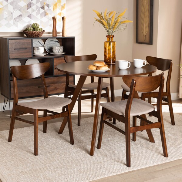 Baxton Studio Philip Light Beige Upholstered and Walnut Wood 5-Piece Dining Set - 167-10809-10808