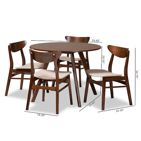 Baxton Studio Philip Light Beige Upholstered and Walnut Wood 5-Piece Dining Set - 167-10809-10808