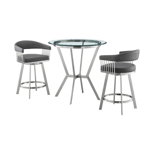 Armen Living Naomi and Chelsea 3-Piece Counter Height Dining Set in Brushed Stainless Steel and Gray Faux Leather - SETNMCHGRBS3