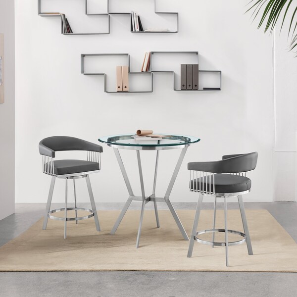Armen Living Naomi and Chelsea 3-Piece Counter Height Dining Set in Brushed Stainless Steel and Gray Faux Leather - SETNMCHGRBS3