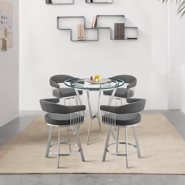 Armen Living Naomi and Chelsea 5-Piece Counter Height Dining Set in Brushed Stainless Steel and Gray Faux Leather - SETNMCHGRBS5