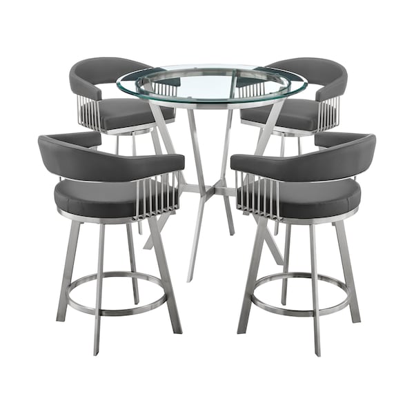 Armen Living Naomi and Chelsea 5-Piece Counter Height Dining Set in Brushed Stainless Steel and Gray Faux Leather - SETNMCHGRBS5