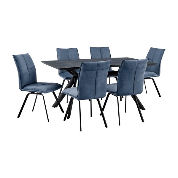 Armen Living Margot and Rylee 7 Piece Modern Rectangular Dining Set in Black Melamine Wood and Blue Fabric - SETMNDI7RYBLU