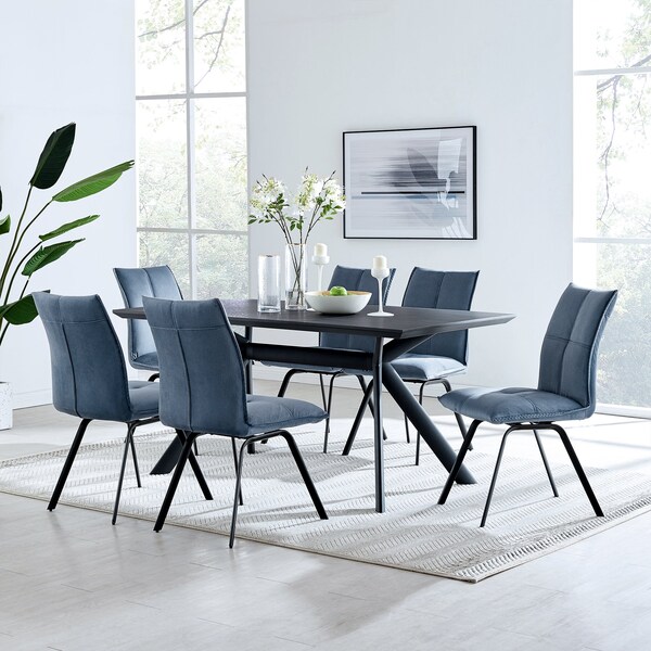 Armen Living Margot and Rylee 7 Piece Modern Rectangular Dining Set in Black Melamine Wood and Blue Fabric - SETMNDI7RYBLU