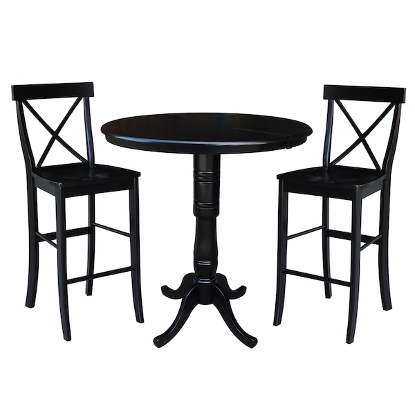 International Concepts Round 36 in Rd Extension Dining Table 40.9 inH, 2 X-Back Bar Height Stools, Black, 36 in W, 48 in L - K46-36RXT-S6133-2