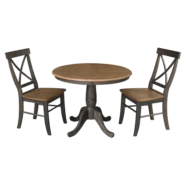 International Concepts Round 36 in Rd Top Pedestal Table, 2 X-Back Chairs, Hickory/Washed Coal, 36 in W, 36 in L, 29.1 in H - K45-36RT-C613-2