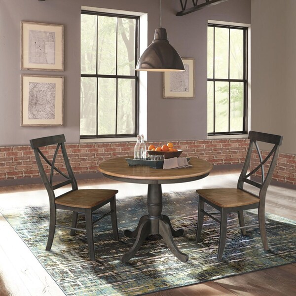 International Concepts Round 36 in Rd Top Pedestal Table, 2 X-Back Chairs, Hickory/Washed Coal, 36 in W, 36 in L, 29.1 in H - K45-36RT-C613-2