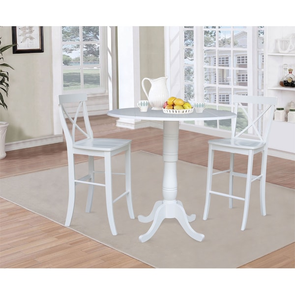 International Concepts Round 42, Round Pedestal Bar Height Table with 2 Bar Height Stools, White, 42 in W, 42 in L, Wood - K08-42DPT-S6133-2