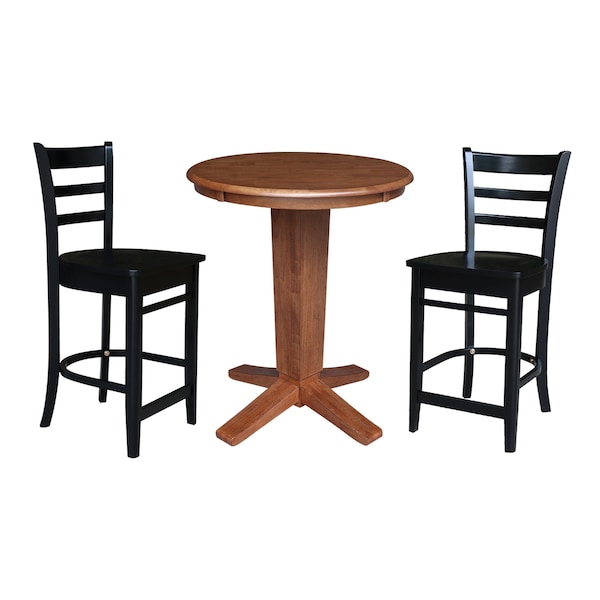 International Concepts 30 in. Solid Wood Round Top Pedestal Dining Table w/2 Counter Height Stools in Distressed Oak/Black - K42-30RT-23-S46-6172-2
