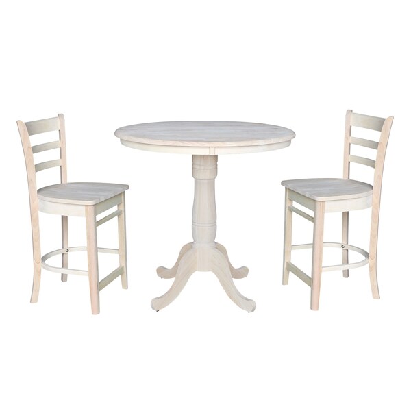 International Concepts Round 36 in Rd Pedestal Gathering Ht Table, 2 Counter Ht Stools, Ready to Finish, 36 in W, 36 in L - K-36RT-6B-S6172-2