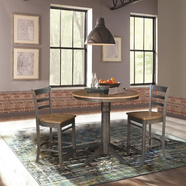 International Concepts Round 36 in Rd Ped Gathering Ht Table, 2 Emily Counter Ht Stools, Hickory/Coal, 36 in W, 36 in L - K45-36RT-27B-S6172-2