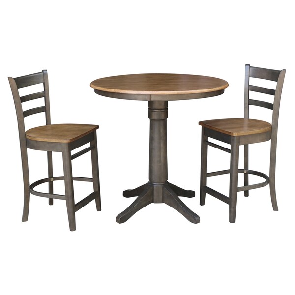 International Concepts Round 36 in Rd Ped Gathering Ht Table, 2 Emily Counter Ht Stools, Hickory/Coal, 36 in W, 36 in L - K45-36RT-27B-S6172-2