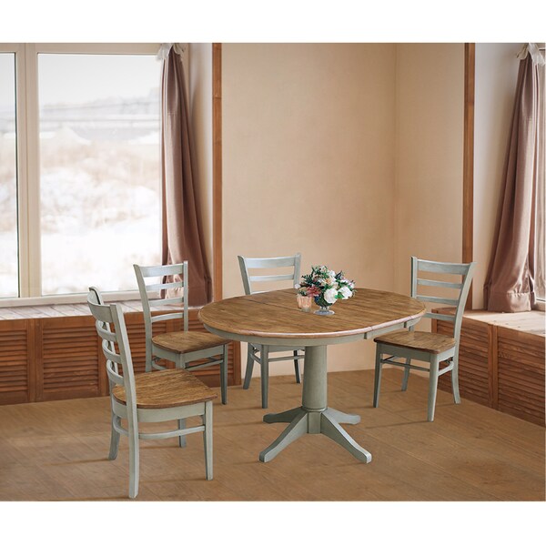 International Concepts Round 36 in Rd Extension Dining Table, 4 Emily Chairs, Hickory/Stone, 36 in W, 48 in L, 30.1 in H - K41-36RXT-27B-C617-4
