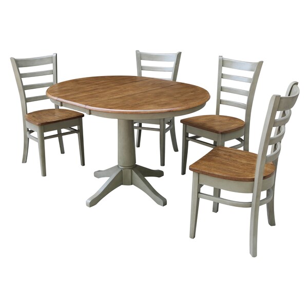 International Concepts Round 36 in Rd Extension Dining Table, 4 Emily Chairs, Hickory/Stone, 36 in W, 48 in L, 30.1 in H - K41-36RXT-27B-C617-4