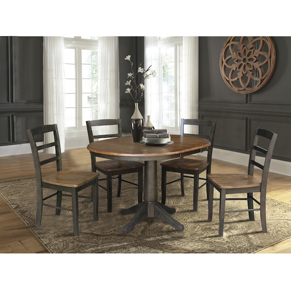 International Concepts 36 in. Round Extension Dining Table with Leaf and 4 Madrid LadderBack Chairs - 5 Piece Dining Set - K45-36RXT-27B-C2-4