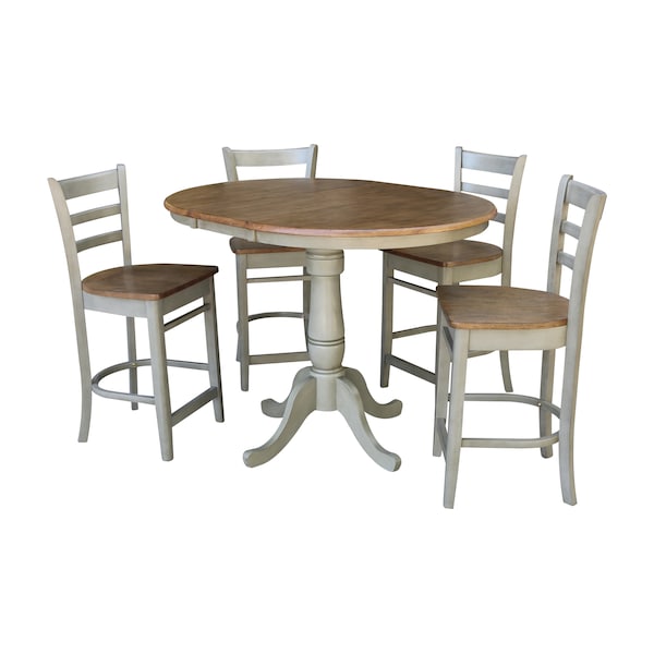 International Concepts Round 36 in Rd Extension Dining Table, 4 Emily Counter Ht Stools, Hickory/Stone, 36 in W, 48 in L - K41-36RXT-6B-S6172-4