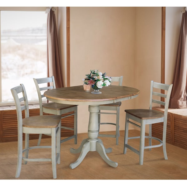 International Concepts Round 36 in Rd Extension Dining Table, 4 Emily Counter Ht Stools, Hickory/Stone, 36 in W, 48 in L - K41-36RXT-6B-S6172-4