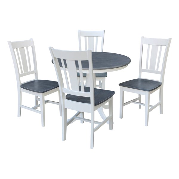International Concepts 36 in. Solid Wood Round Top Pedestal Dining Table w/4 San Remo Dining Chairs in White/Heather Gray - K05-36RT-C10-4